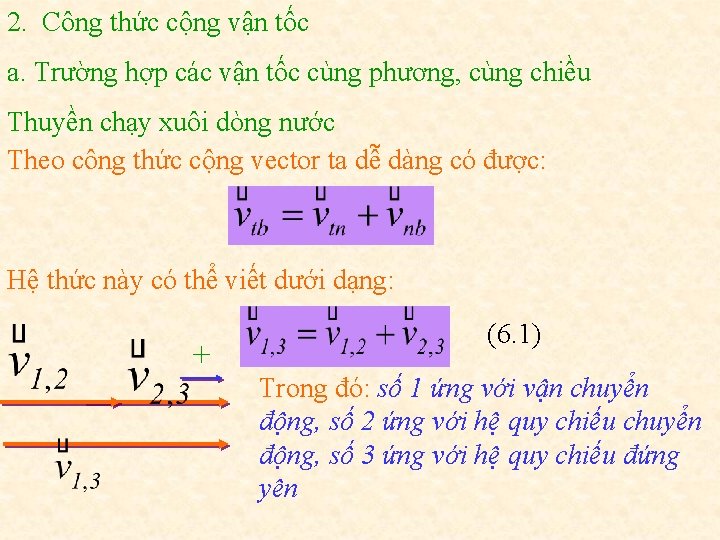 2. Công thức cộng vận tốc a. Trường hợp các vận tốc cùng phương,