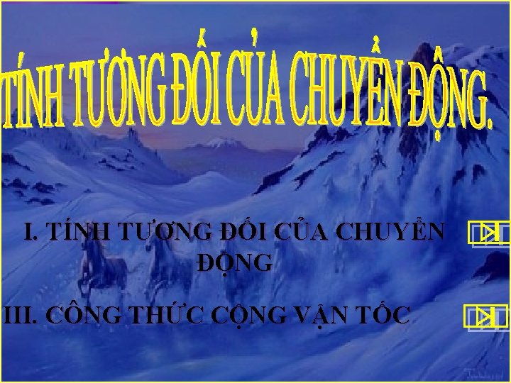 I. TÍNH TƯƠNG ĐỐI CỦA CHUYỂN ĐỘNG III. CÔNG THỨC CỘNG VẬN TỐC 