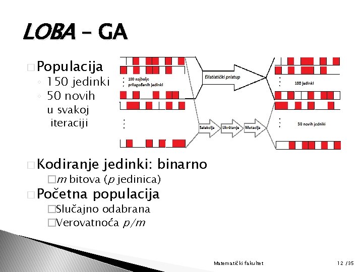 LOBA – GA � Populacija ◦ 150 jedinki ◦ 50 novih u svakoj iteraciji