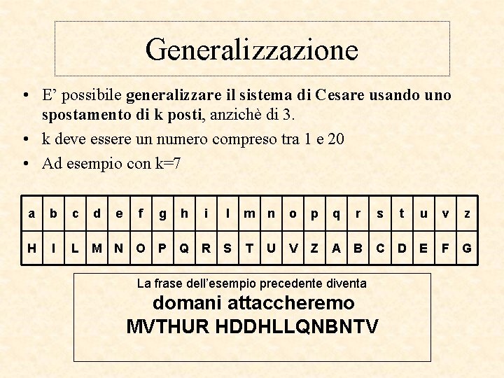 Generalizzazione • E’ possibile generalizzare il sistema di Cesare usando uno spostamento di k