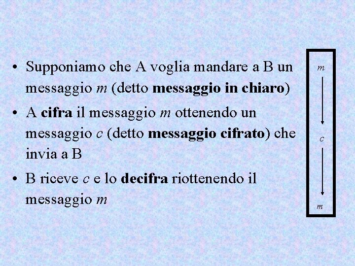  • Supponiamo che A voglia mandare a B un messaggio m (detto messaggio