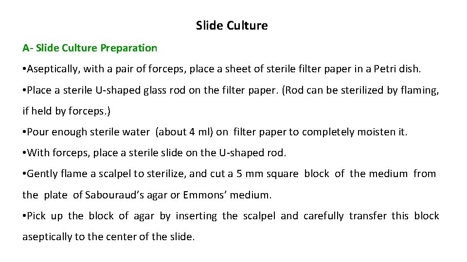 Slide Culture A- Slide Culture Preparation • Aseptically, with a pair of forceps, place