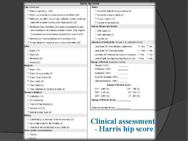 Clinical assessment - Harris hip score 