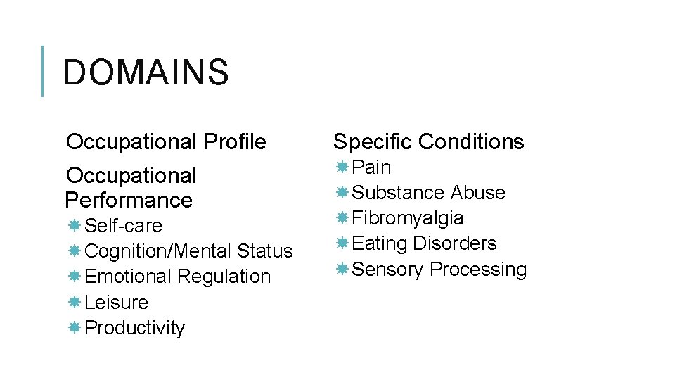 DOMAINS Occupational Profile Specific Conditions Occupational Performance Pain Substance Abuse Fibromyalgia Eating Disorders Sensory