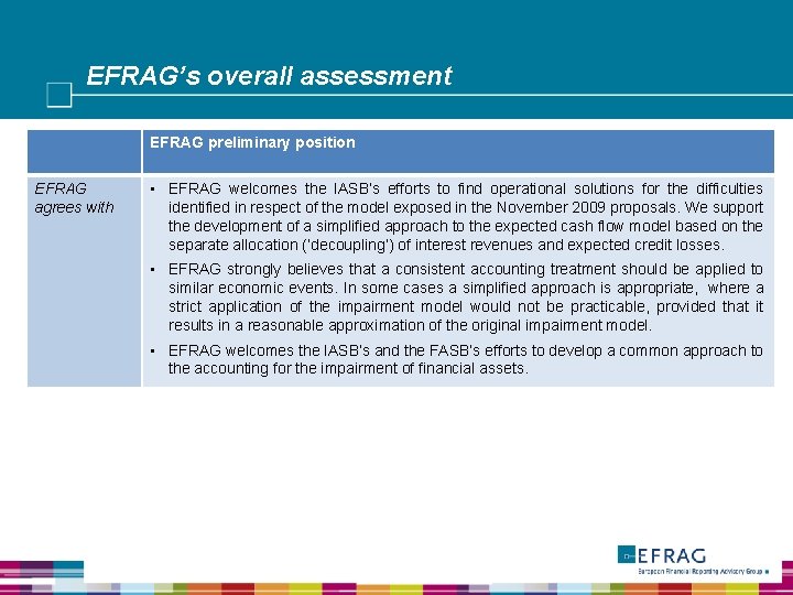 EFRAG’s overall assessment EFRAG preliminary position EFRAG agrees with • EFRAG welcomes the IASB’s