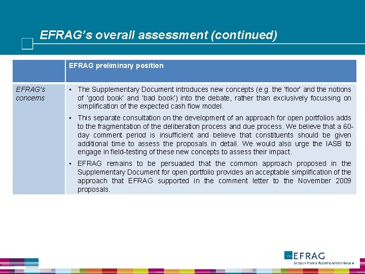 EFRAG’s overall assessment (continued) EFRAG preliminary position EFRAG’s concerns • The Supplementary Document introduces