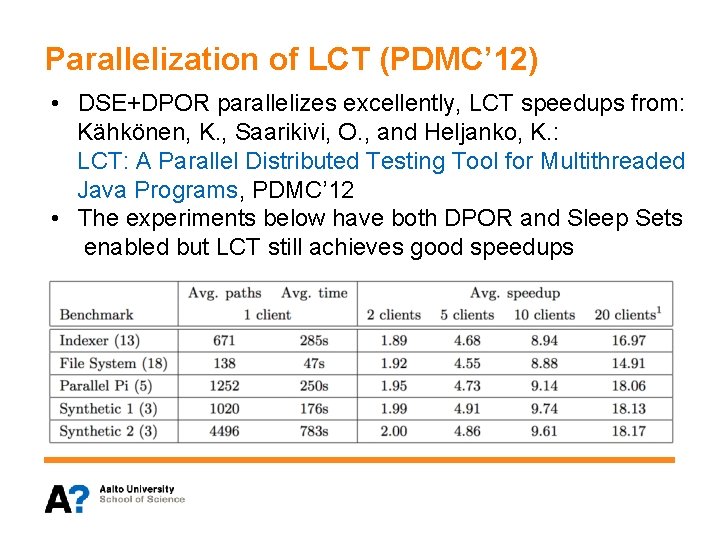 Parallelization of LCT (PDMC’ 12) • DSE+DPOR parallelizes excellently, LCT speedups from: Kähkönen, K.