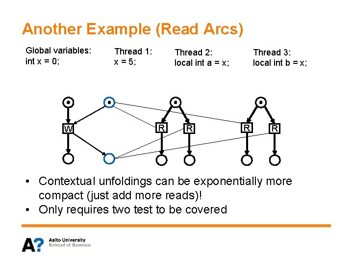 Another Example (Read Arcs) Global variables: int x = 0; W Thread 1: x