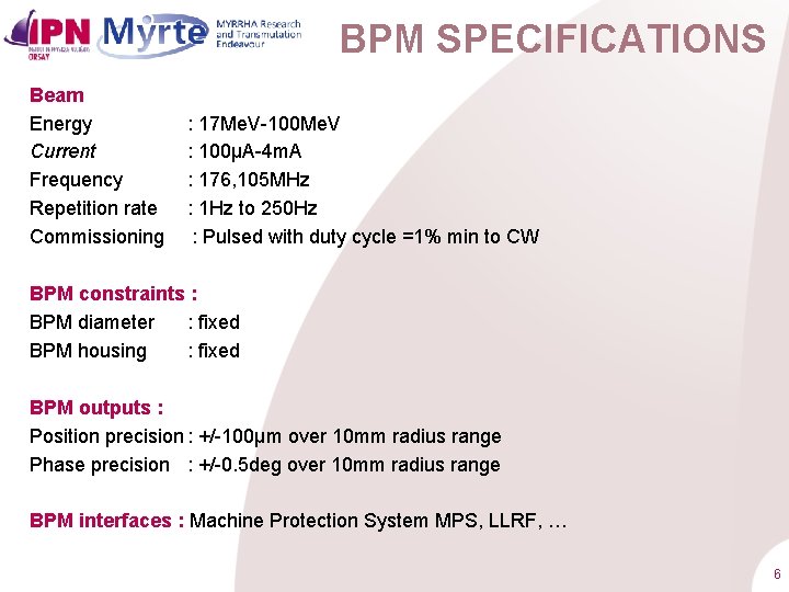BPM SPECIFICATIONS Beam Energy Current Frequency Repetition rate Commissioning : 17 Me. V-100 Me.