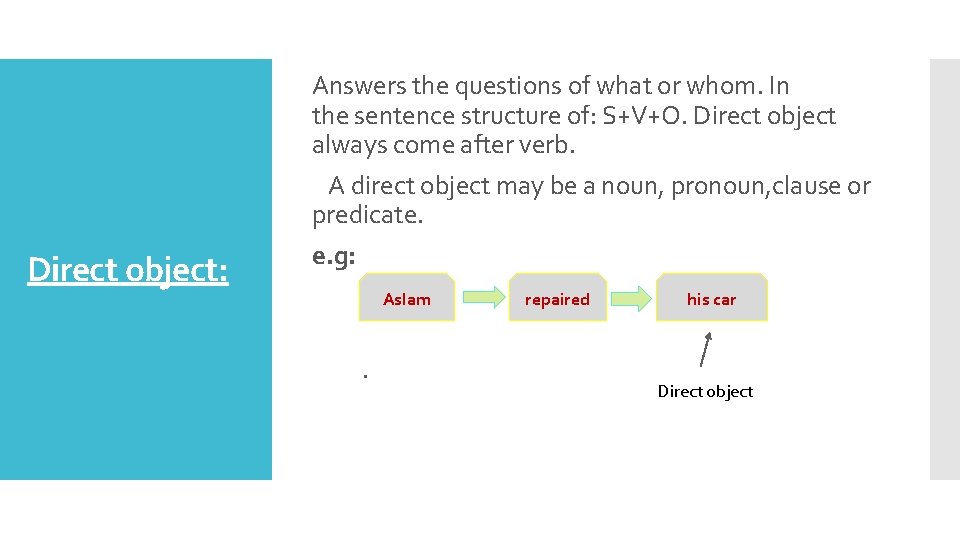 Answers the questions of what or whom. In the sentence structure of: S+V+O. Direct Answers the questions of what or whom. In the sentence structure of: S+V+O. Direct
