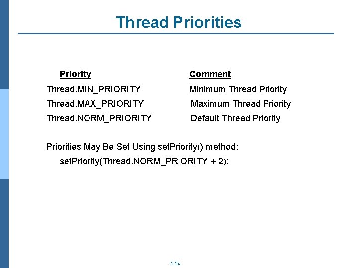 Thread Priorities Priority Comment Thread. MIN_PRIORITY Minimum Thread Priority Thread. MAX_PRIORITY Maximum Thread Priority