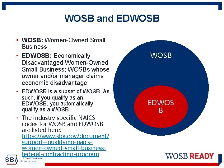 WOSB and EDWOSB • WOSB: Women-Owned Small Business • EDWOSB: Economically Disadvantaged Women-Owned Small