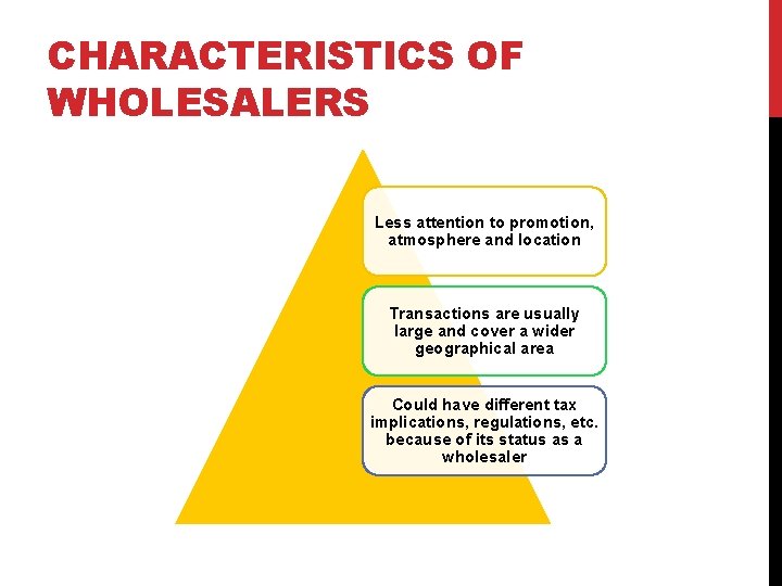 CHARACTERISTICS OF WHOLESALERS Less attention to promotion, atmosphere and location Transactions are usually large