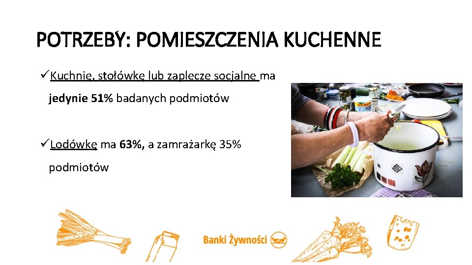 POTRZEBY: POMIESZCZENIA KUCHENNE üKuchnię, stołówkę lub zaplecze socjalne ma jedynie 51% badanych podmiotów üLodówkę