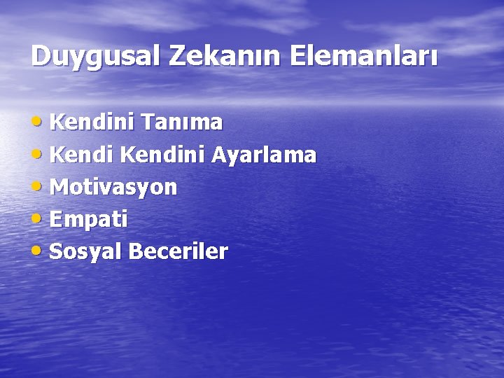 Duygusal Zekanın Elemanları • Kendini Tanıma • Kendini Ayarlama • Motivasyon • Empati •