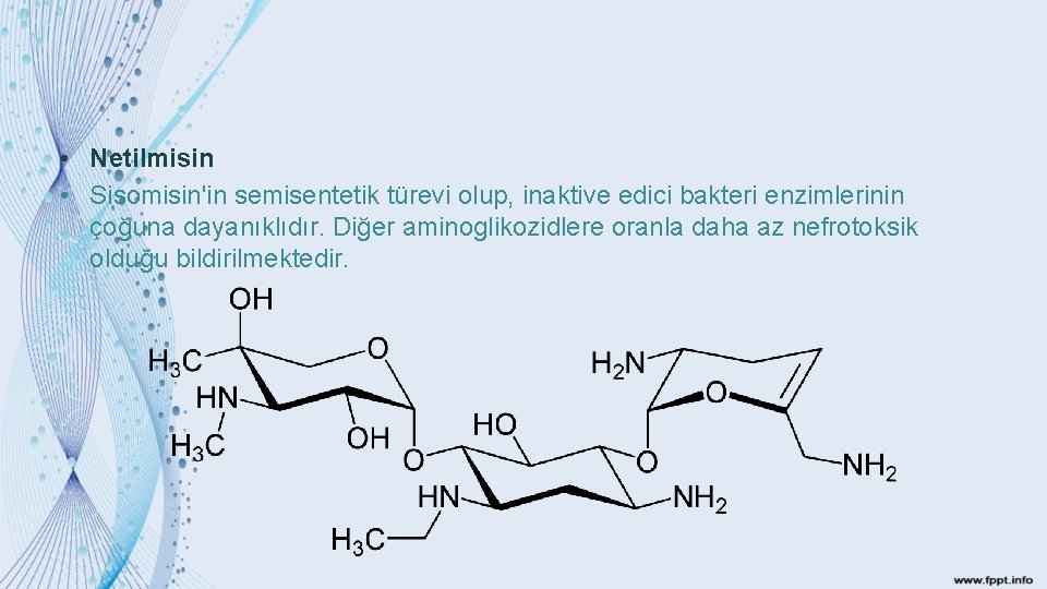  • Netilmisin • Sisomisin'in semisentetik türevi olup, inaktive edici bakteri enzimlerinin çoğuna dayanıklıdır.