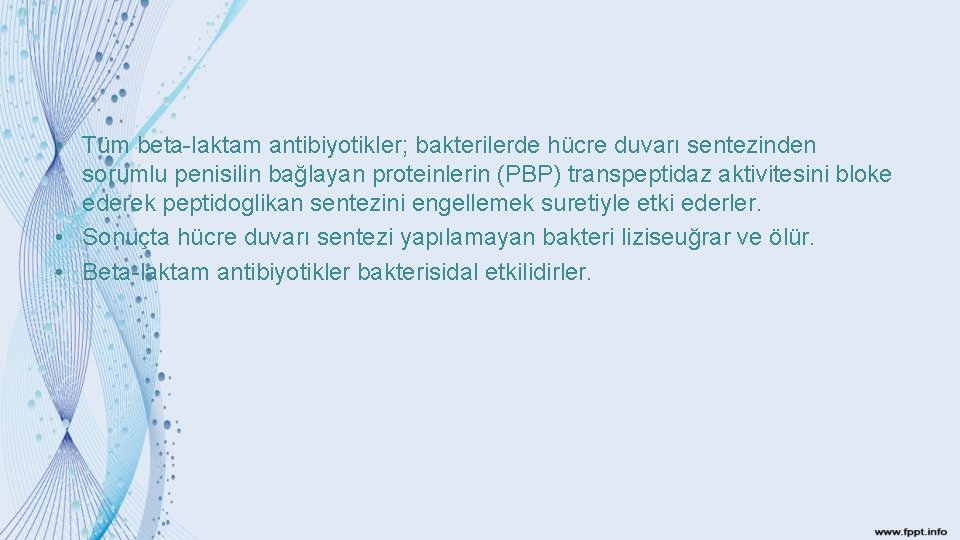  • Tüm beta laktam antibiyotikler; bakterilerde hücre duvarı sentezinden sorumlu penisilin bağlayan proteinlerin