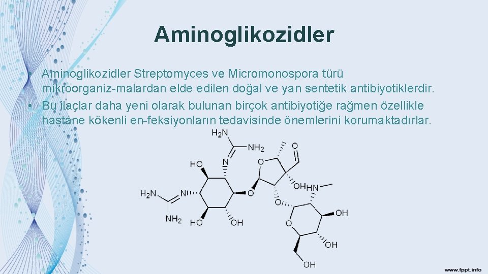 Aminoglikozidler • Aminoglikozidler Streptomyces ve Micromonospora türü mikroorganiz malardan elde edilen doğal ve yan