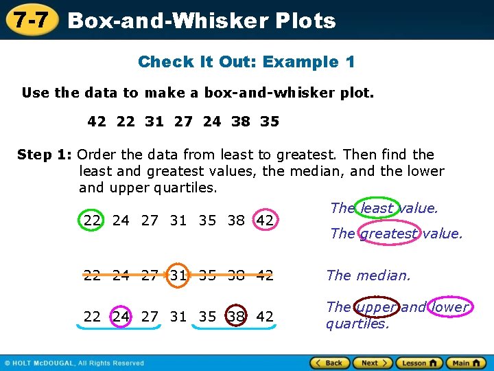 7 -7 Box-and-Whisker Plots Check It Out: Example 1 Use the data to make