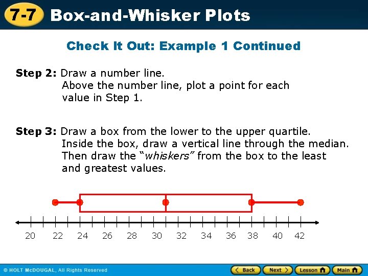 7 -7 Box-and-Whisker Plots Check It Out: Example 1 Continued Step 2: Draw a