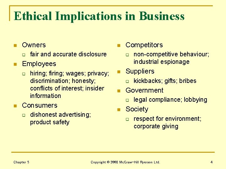 Ethical Implications in Business n Owners q n fair and accurate disclosure hiring; firing;