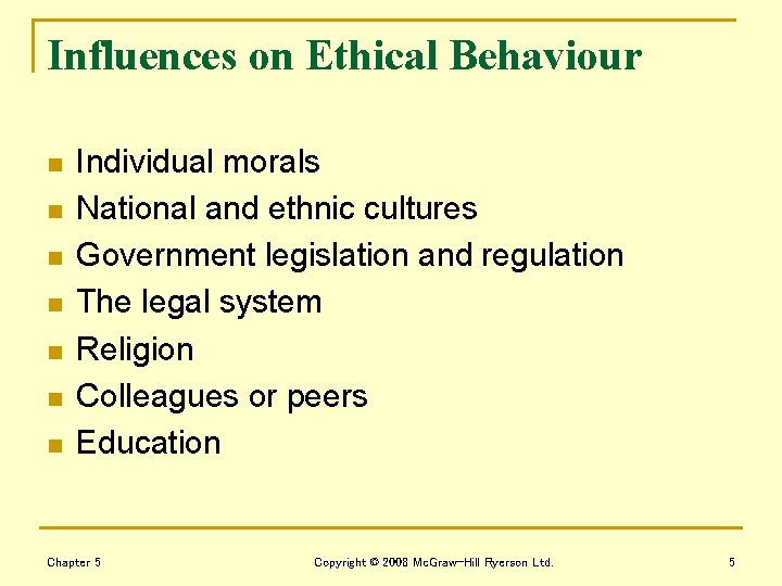 Influences on Ethical Behaviour n n n n Individual morals National and ethnic cultures