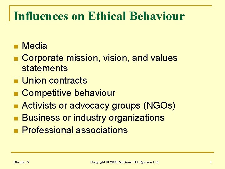 Influences on Ethical Behaviour n n n n Media Corporate mission, vision, and values