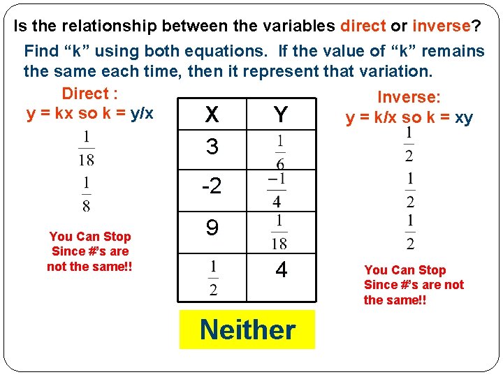 Is the relationship between the variables direct or inverse? Find “k” using both equations.