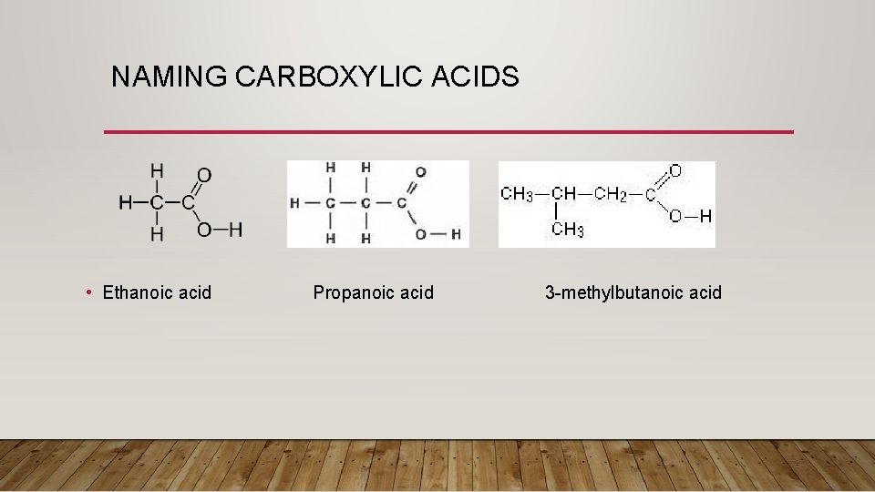 NAMING CARBOXYLIC ACIDS • Ethanoic acid Propanoic acid 3 -methylbutanoic acid 