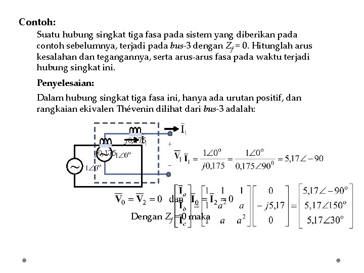 Contoh: Suatu hubung singkat tiga fasa pada sistem yang diberikan pada contoh sebelumnya, terjadi