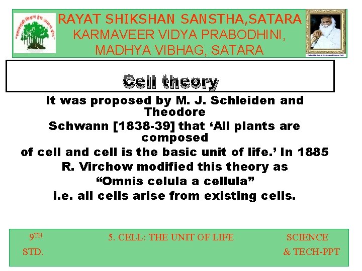 RAYAT SHIKSHAN SANSTHA, SATARA KARMAVEER VIDYA PRABODHINI, MADHYA VIBHAG, SATARA Cell theory It was