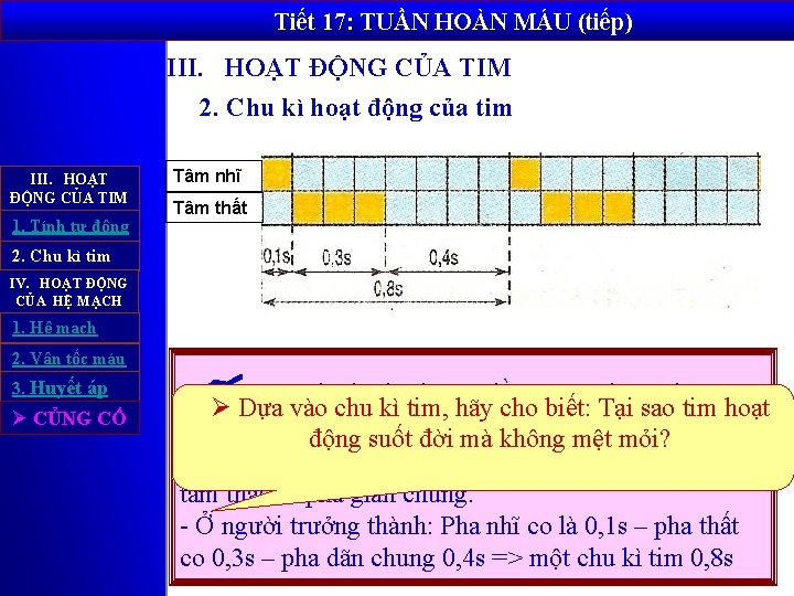 Tiết 17: TUẦN HOÀN MÁU (tiếp) III. HOẠT ĐỘNG CỦA TIM 2. Chu kì