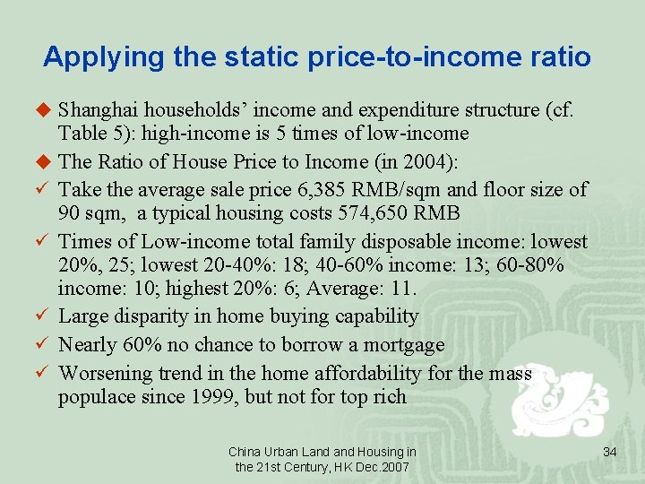 Applying the static price-to-income ratio u Shanghai households’ income and expenditure structure (cf. Table