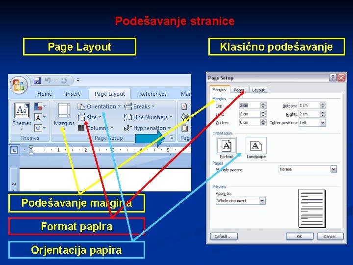 Podešavanje stranice Page Layout Podešavanje margina Format papira Orjentacija papira Klasično podešavanje 