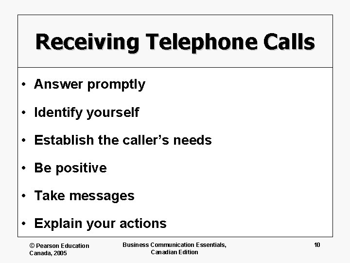 Receiving Telephone Calls • Answer promptly • Identify yourself • Establish the caller’s needs