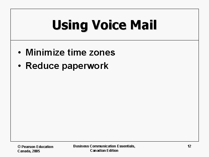 Using Voice Mail • Minimize time zones • Reduce paperwork © Pearson Education Canada,