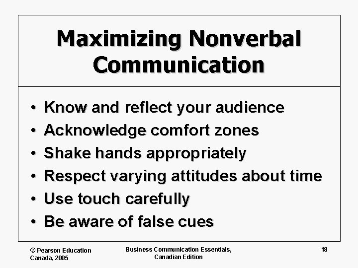 Maximizing Nonverbal Communication • • • Know and reflect your audience Acknowledge comfort zones