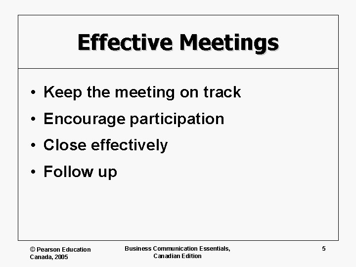 Effective Meetings • Keep the meeting on track • Encourage participation • Close effectively