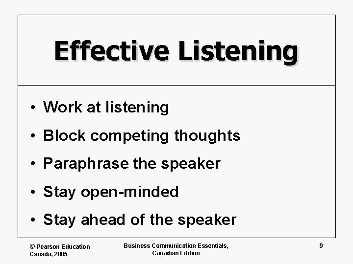 Effective Listening • Work at listening • Block competing thoughts • Paraphrase the speaker