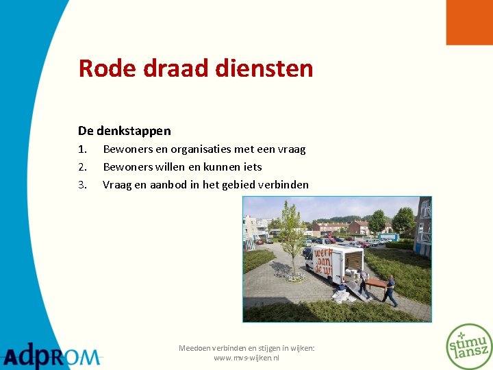 Rode draad diensten De denkstappen 1. 2. 3. Bewoners en organisaties met een vraag