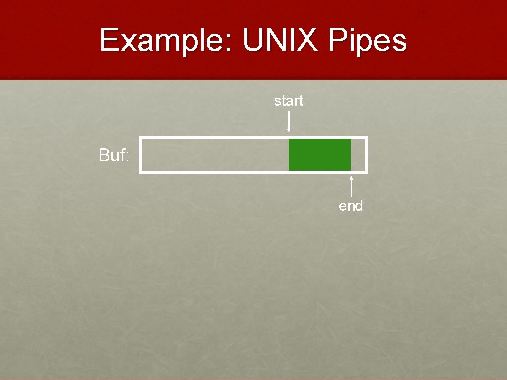 Example: UNIX Pipes start Buf: end 