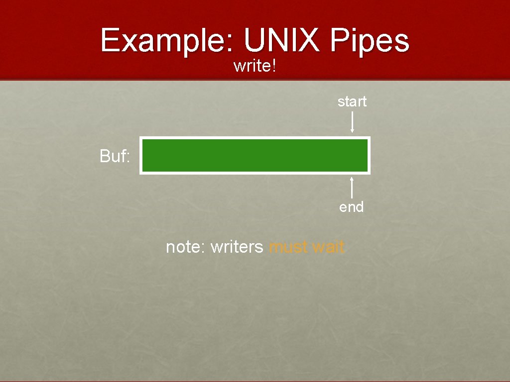 Example: UNIX Pipes write! start Buf: end note: writers must wait 