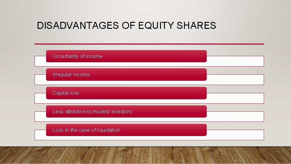 DISADVANTAGES OF EQUITY SHARES Uncertainty of income Irregular income Capital loss Less attractive to