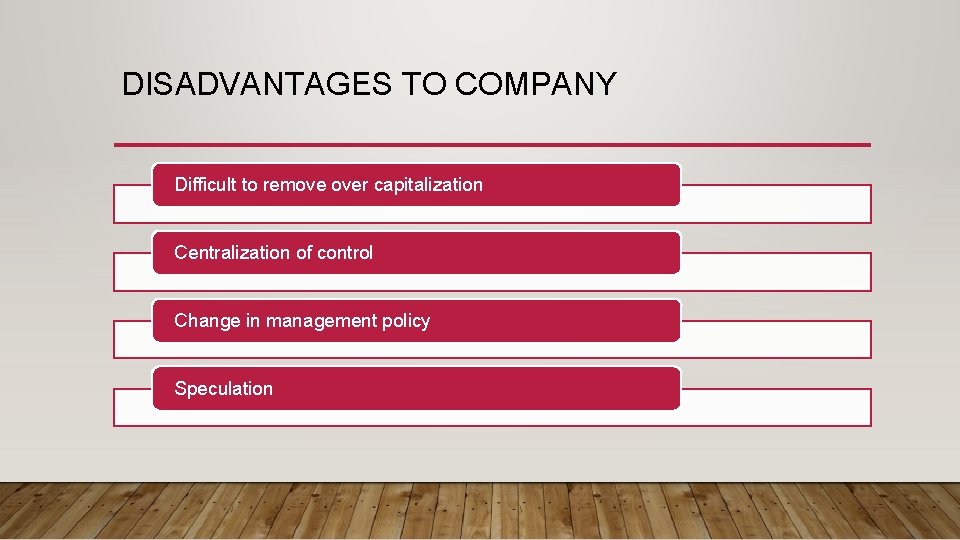 DISADVANTAGES TO COMPANY Difficult to remove over capitalization Centralization of control Change in management