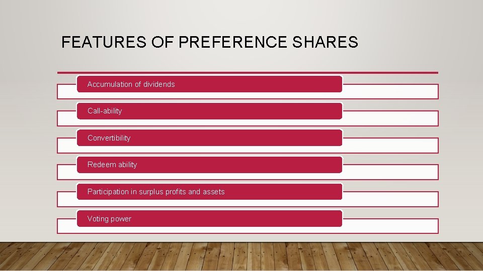 FEATURES OF PREFERENCE SHARES Accumulation of dividends Call-ability Convertibility Redeem ability Participation in surplus