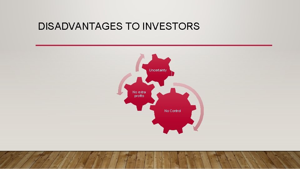 DISADVANTAGES TO INVESTORS Uncertainty No extra profits No Control 