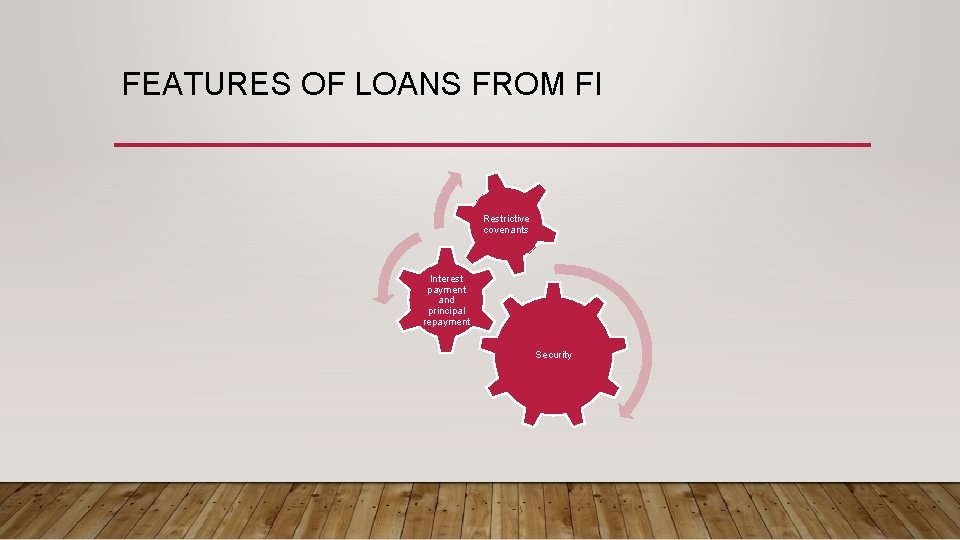 FEATURES OF LOANS FROM FI Restrictive covenants Interest payment and principal repayment Security 