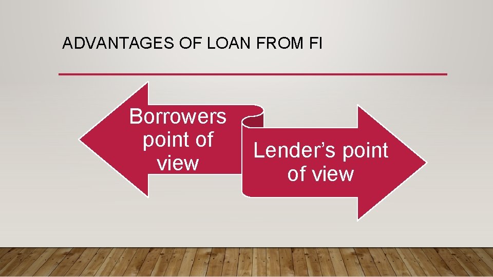 ADVANTAGES OF LOAN FROM FI Borrowers point of view Lender’s point of view 
