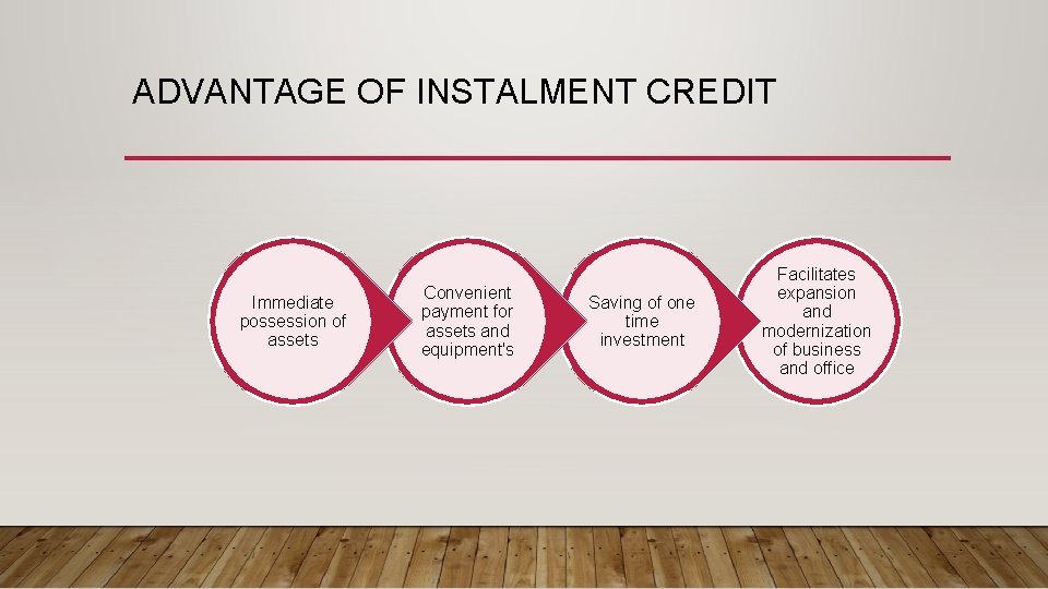 ADVANTAGE OF INSTALMENT CREDIT Immediate possession of assets Convenient payment for assets and equipment's