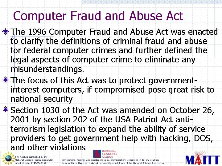 Computer Fraud and Abuse Act The 1996 Computer Fraud and Abuse Act was enacted